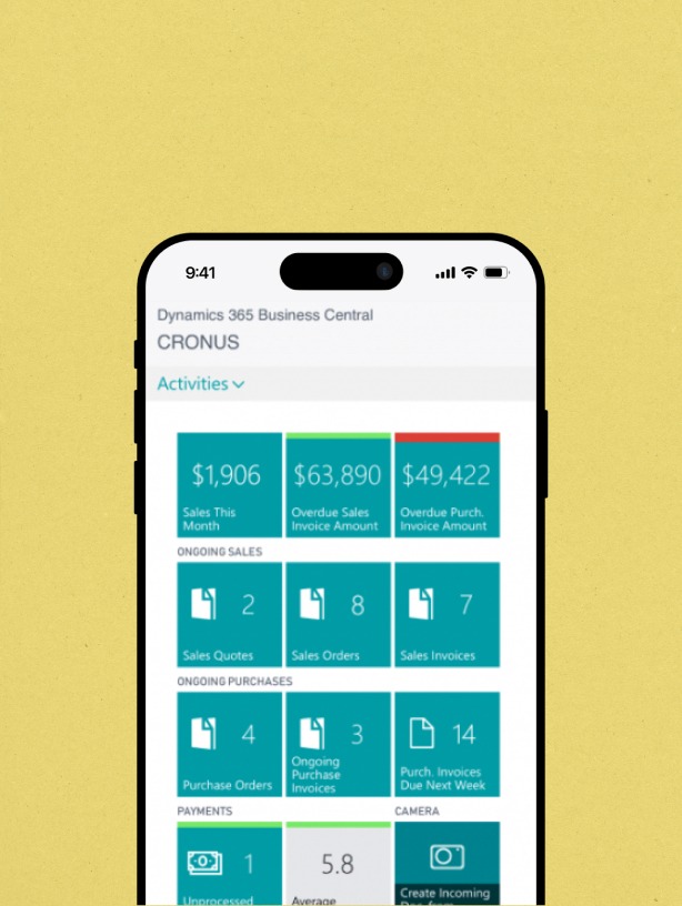 Exemple de l'interface de Microsoft Business Central en mobile