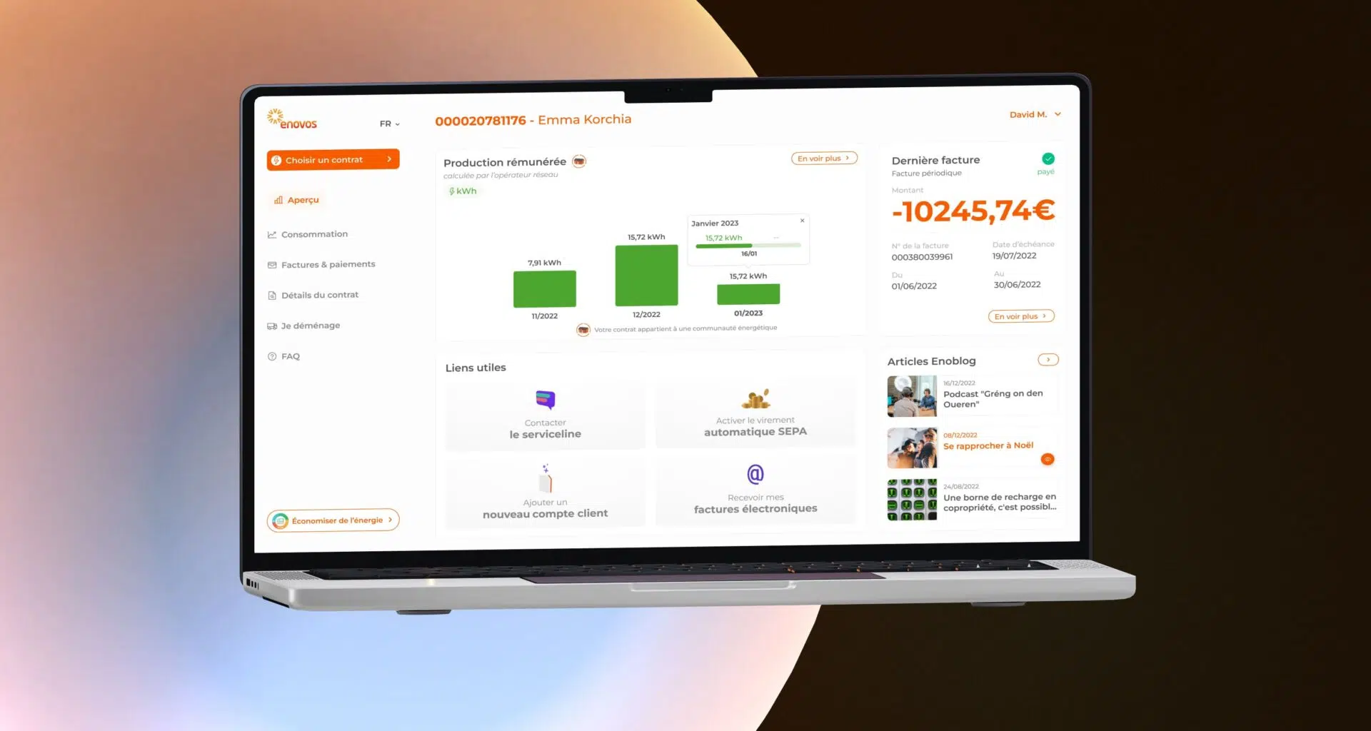 Image représentative de la maquette Figma de Enovos concernant le dashboard en version ordinateur