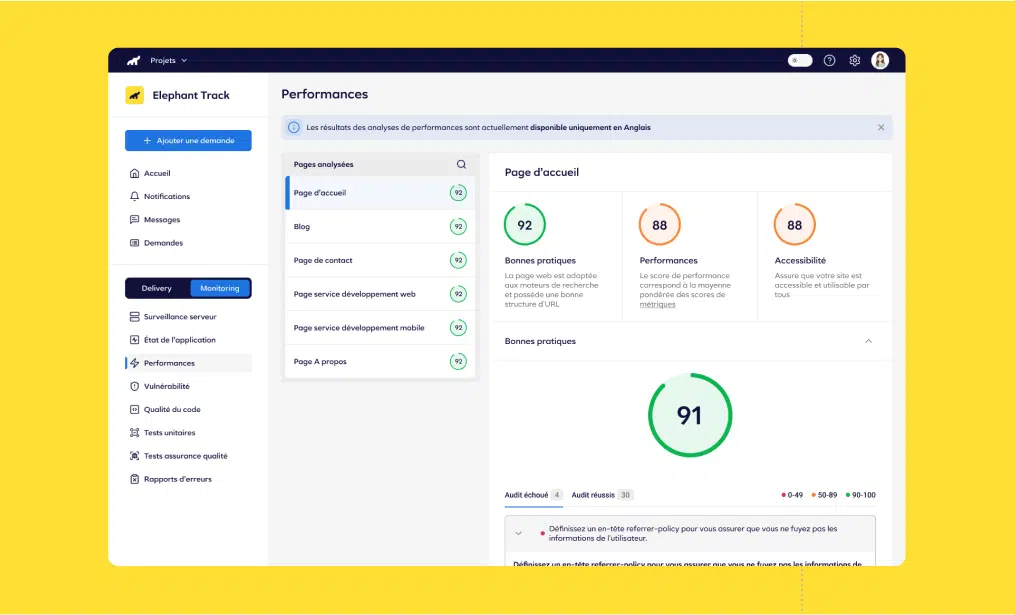 Elephant Track - écran de monitoring des performances