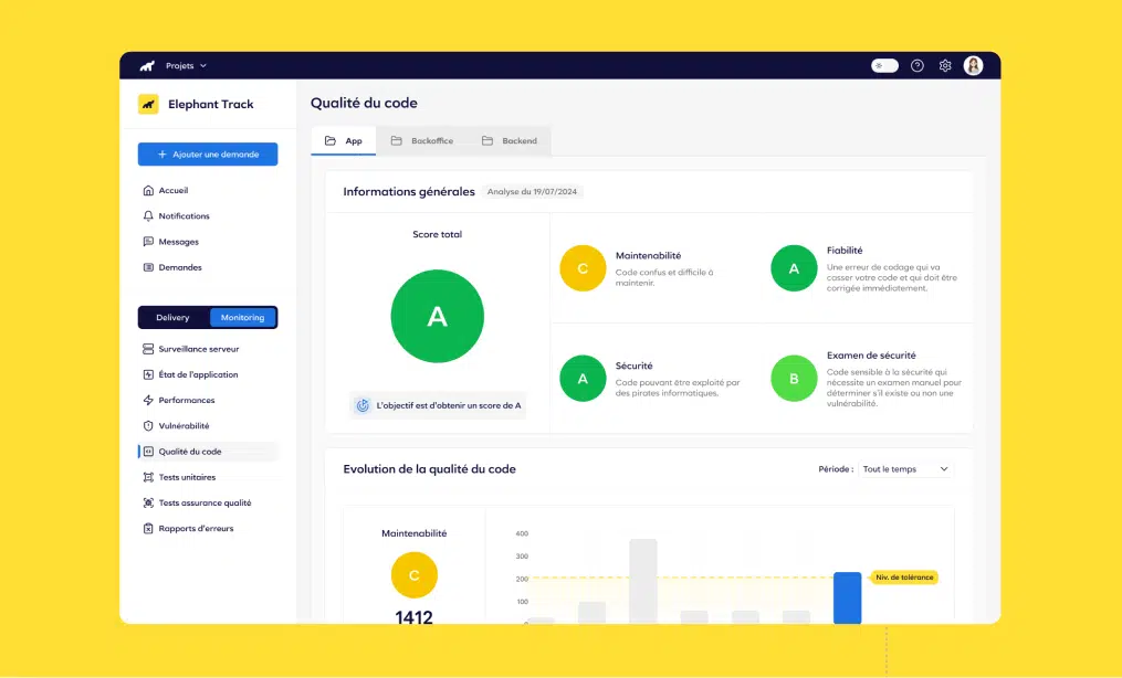Elephant Track - écran de monitoring de la qualité du code