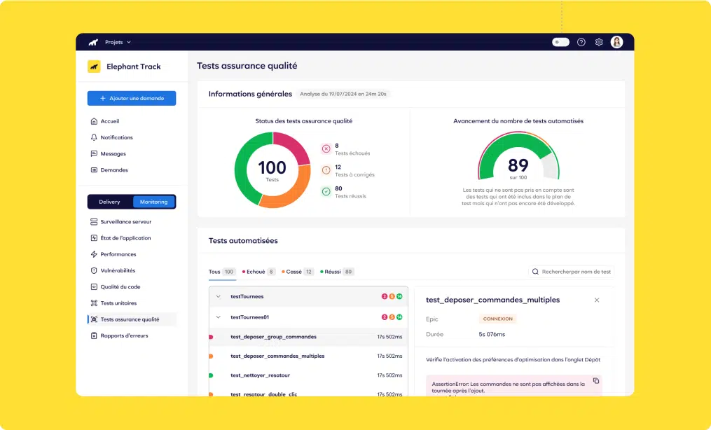 Elephant Track - écran de monitoring des tests QA