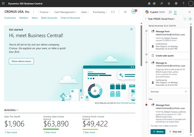 Exemple Copilot dans Business Central pour PME